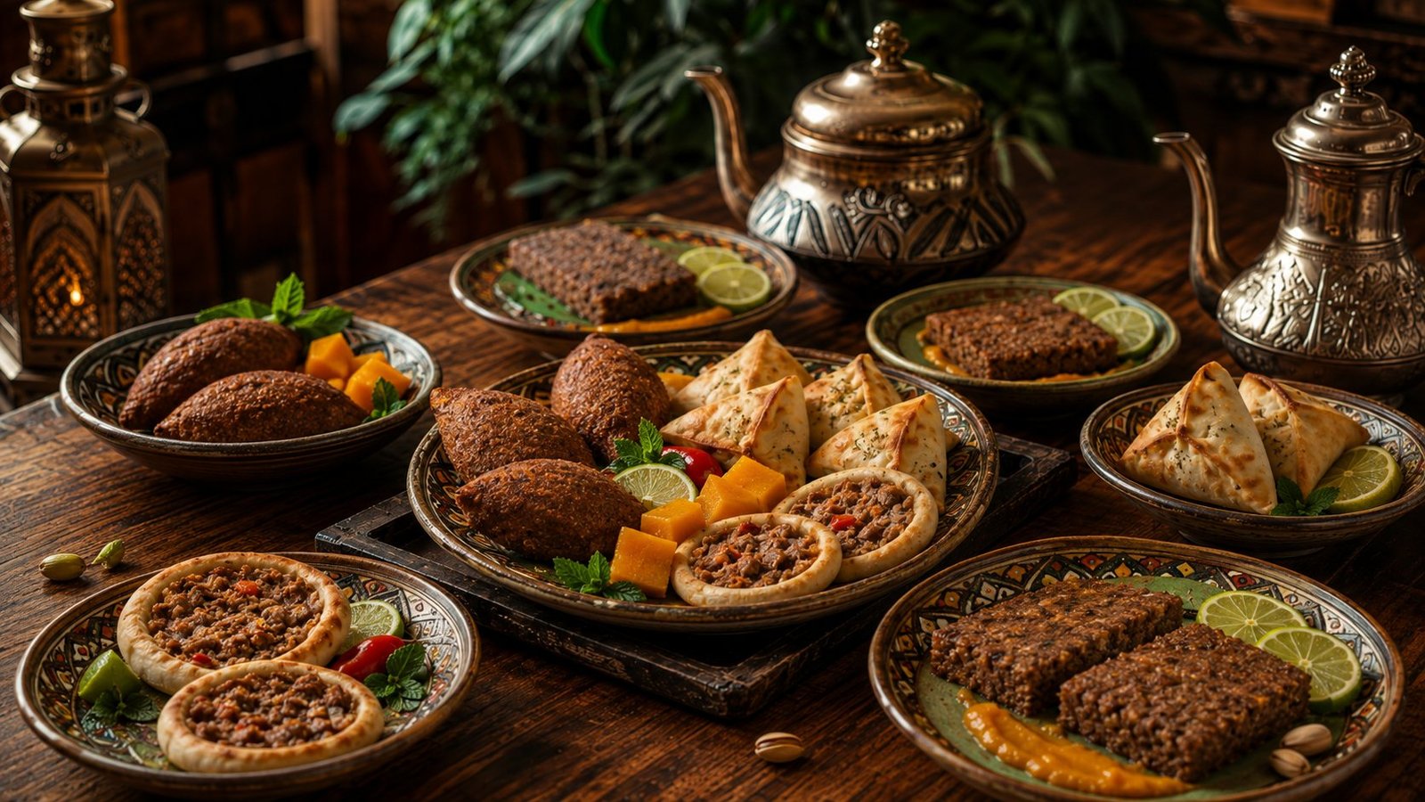 Mesa com mezze árabe: kibbeh, sfiha, sambousek e chá