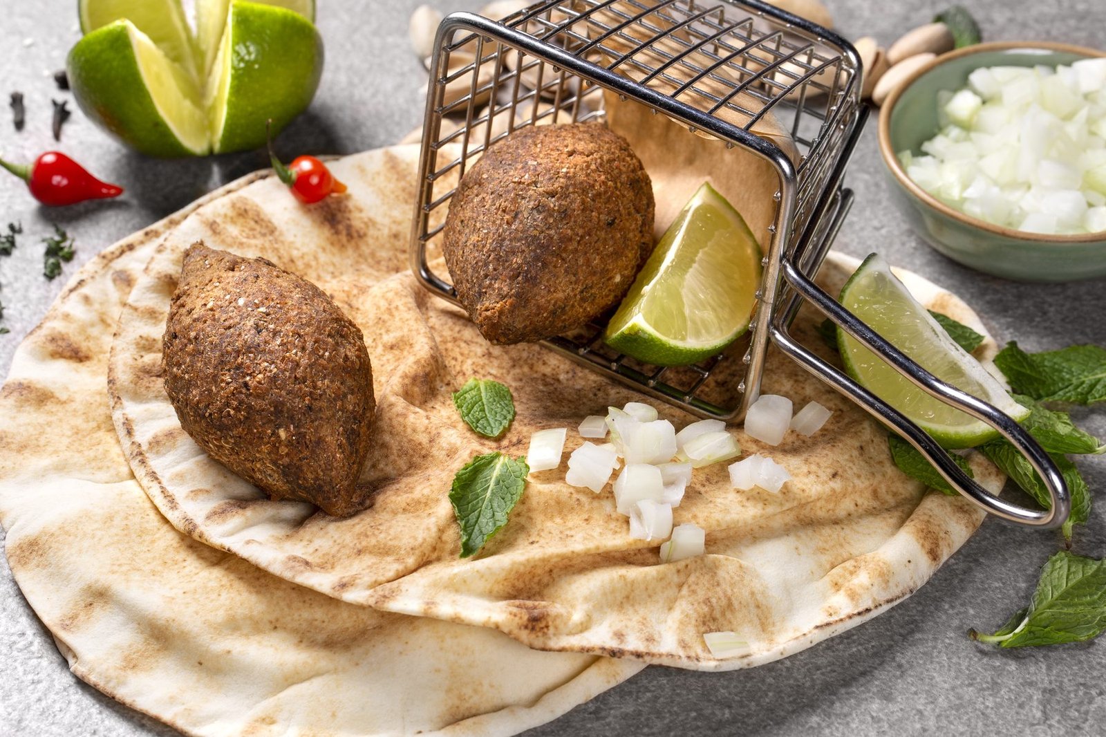 Kibbeh servido em cesto com pão árabe