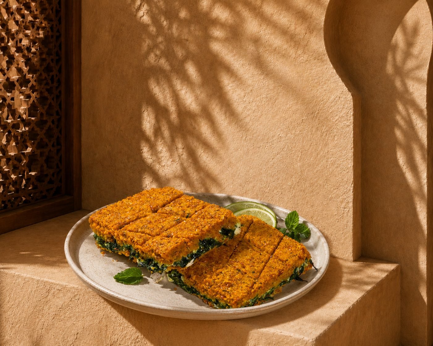 Kibbeh assado recheado com folhas verdes